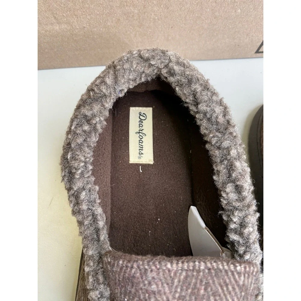 Dearfoams Mens Herringbone Clog Slippers Brown Faux Fur Trim Size L 11-12